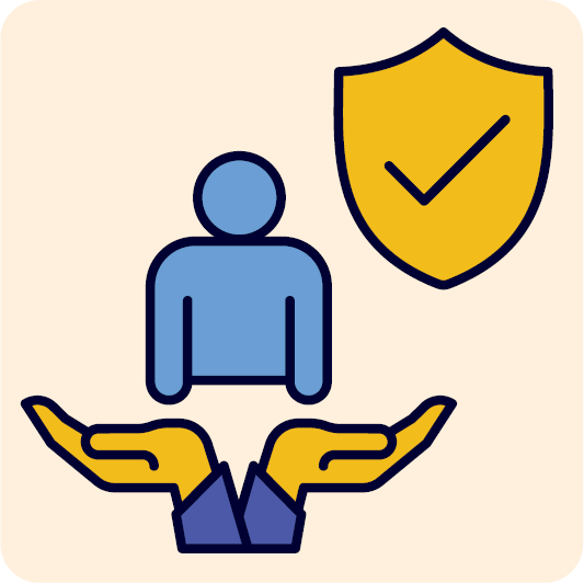 A person being held in someone's hands. Above them is a safety icon.