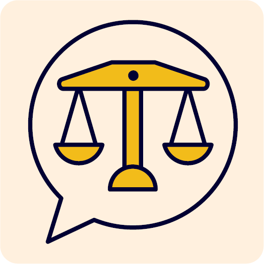 A set of justice scales inside a speech bubble.