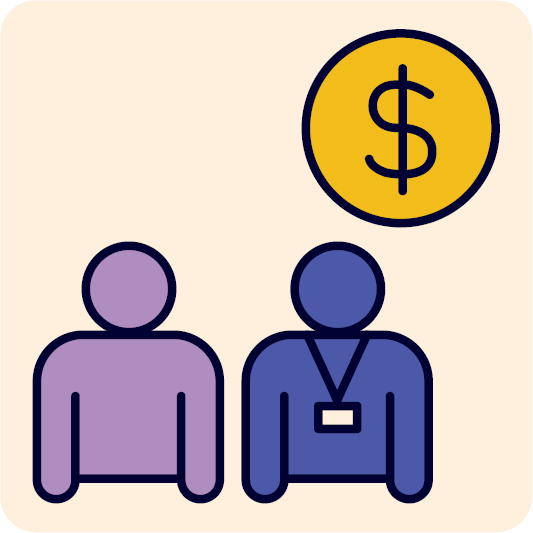 A staff member and a person. Above them is a money icon.