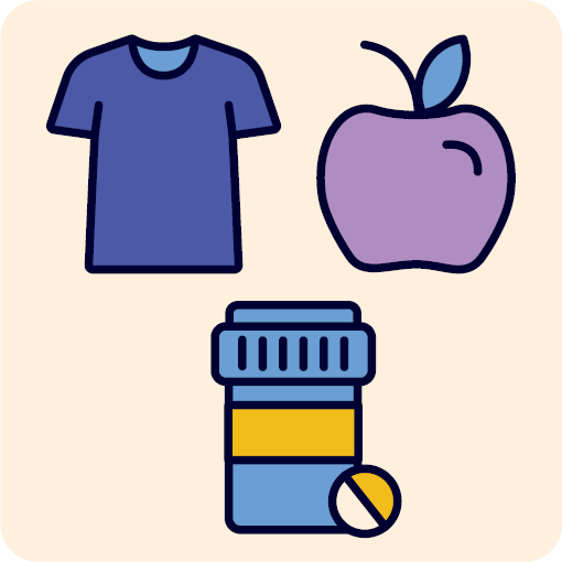A shirt, an apple and a bottle of medicine.