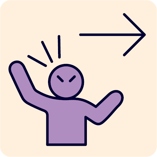 A person looking angry and raising their fist. Above them is an arrow pointing to the right.