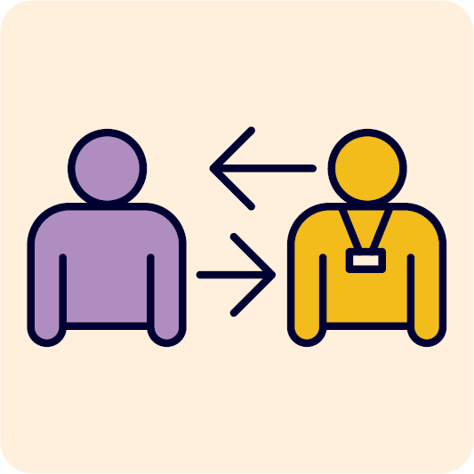 An arrow pointing between someone and a support worker.