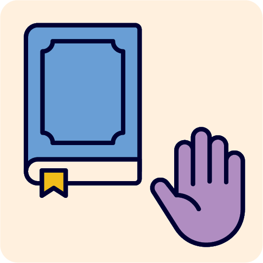 A bible and a hand showing 'stop'.