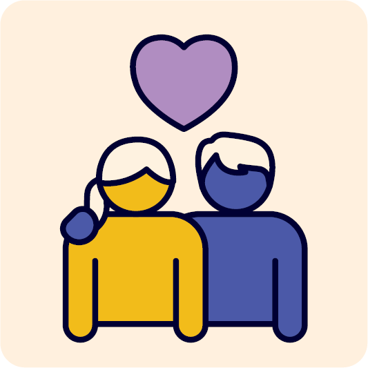 2 people together. One person has their arm around the other person. Above them is a love heart.