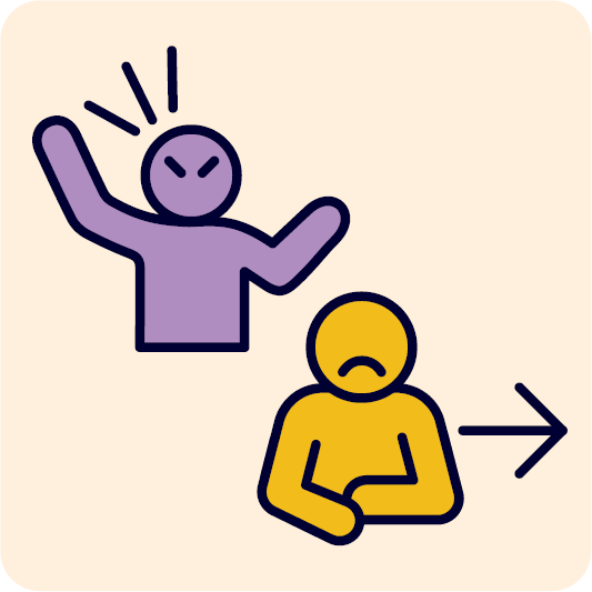 A person looking angry and raising their fist. In front of them is a person looking upset.