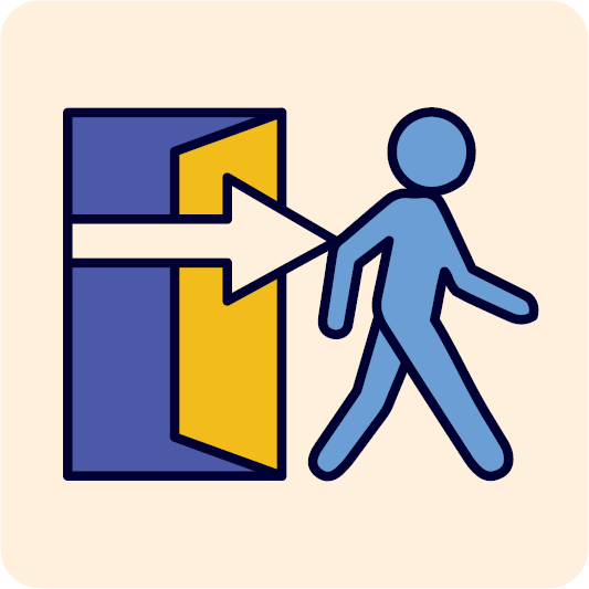 A person walking out a door.