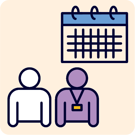A staff member supporting someone. Above them is a calendar.