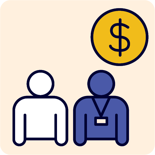 A staff member and a person. Above them is a money icon.