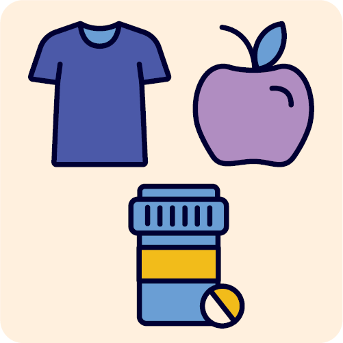 A shirt, an apple and a bottle of medicine.