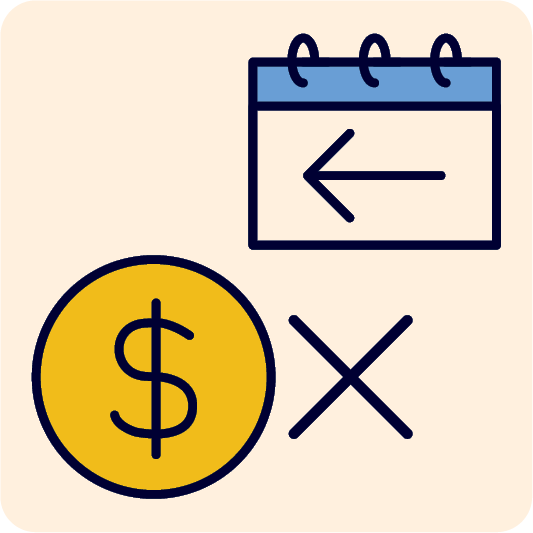A money icon and a calendar with an arrow pointing to the left.