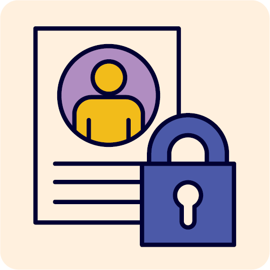 A document with an image of a person on it. Next to the map is a locked padlock.