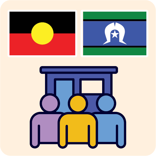 A group of people in front of a building. Above them is an Aboriginal flag and a Torres Strait Islander flag.