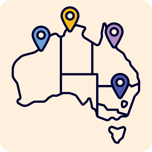 A map of Australia. There are location icons on Broome, Darwin, Cairns and Dubbo.