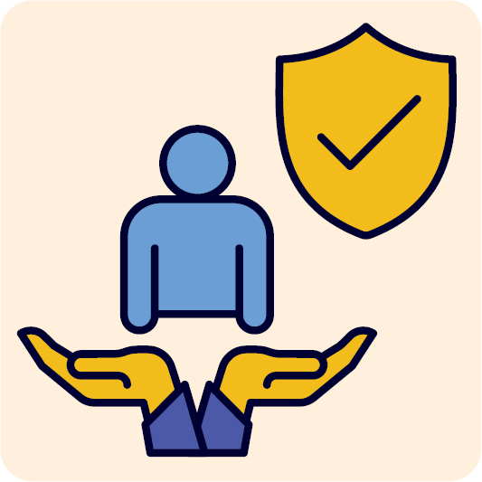 A person being held in someone's hands. Above them is a safety icon.